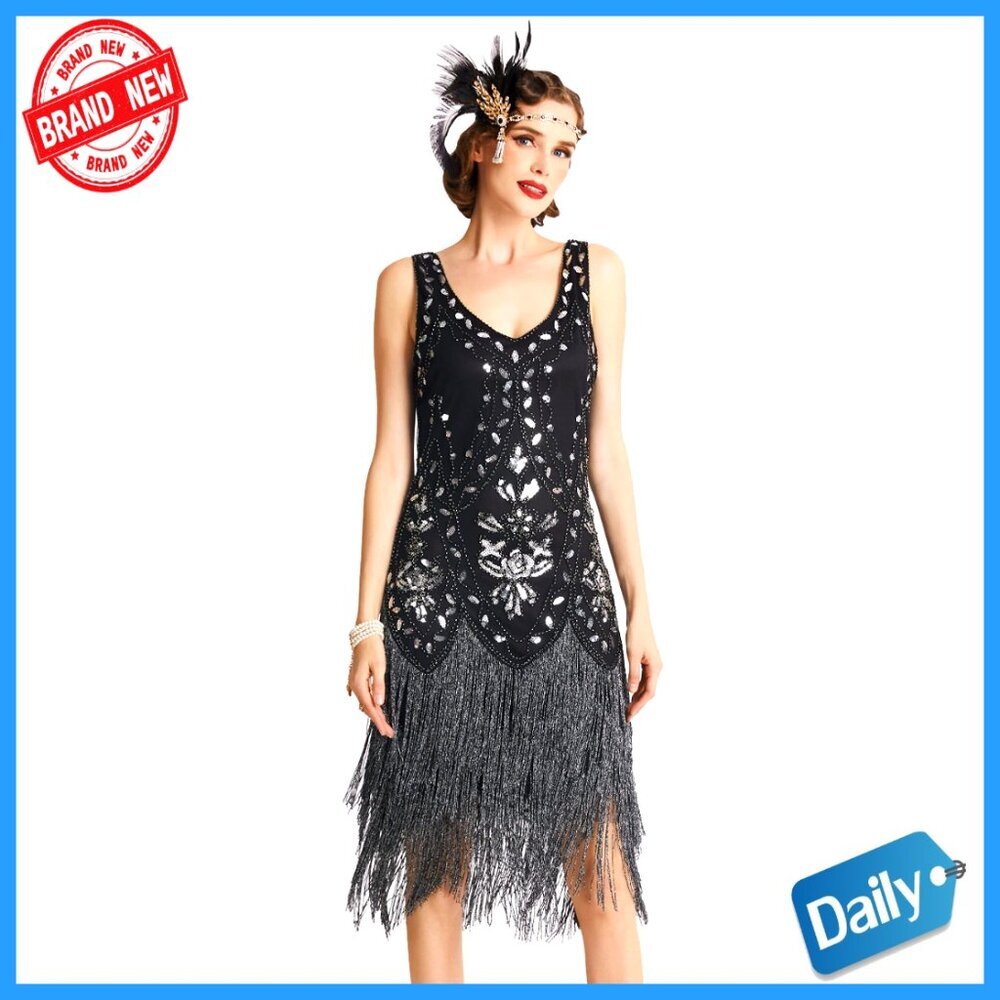 Fringed Flapper Dress, Bodycon Fit, Midi Length, Polyester, Gatsby Costume